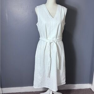 Liz Claiborne White Cotton Eyelet Lace Sleeveless V-Neck Midi Dress Belted NWT M